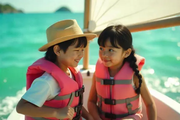 To barn med redningsvester og solhatt sitter i en liten seilbåt på sjøen en solrik dag, som illustrasjonsbilde for beskrivelsen av gratis barnekino på Bergen hovedbibliotek