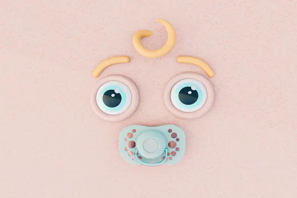 Illustrert babyansikt laget av plastringer, gul plast og smokk på rosa bakgrunn som illustrasjonsbilde for arrangementsbeskrivelsen av babyomvisninger på Nasjonalmuseet