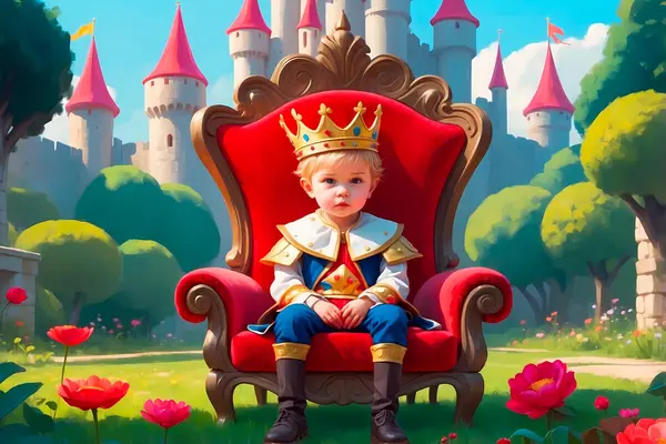 Liten gutt utkledd som prins med krone og kappe sitter på trone foran eventyrslott i hage med blomster, fantasifull barnelek og prins-illustrasjon til beskrivelsen av eventyromvisningen Kongen i tårnet i Rosenkrantztårnet