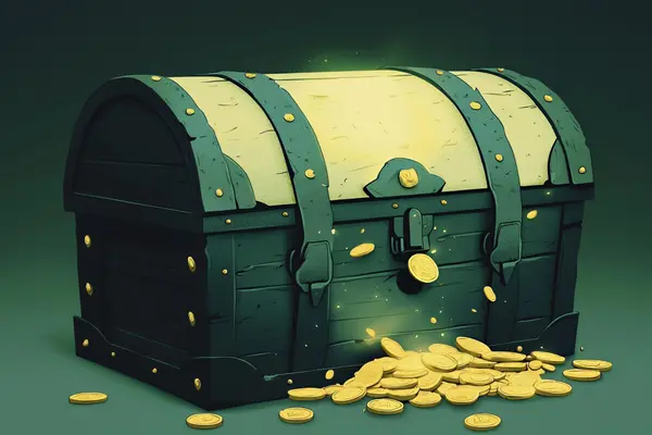 En illustrasjon av en grønnmalt skattekiste med gullmynter som renner ut foran kisten, som illustrasjonsbilde for beskrivelsen av Lesestund i Skattkammeret på Sølvberget