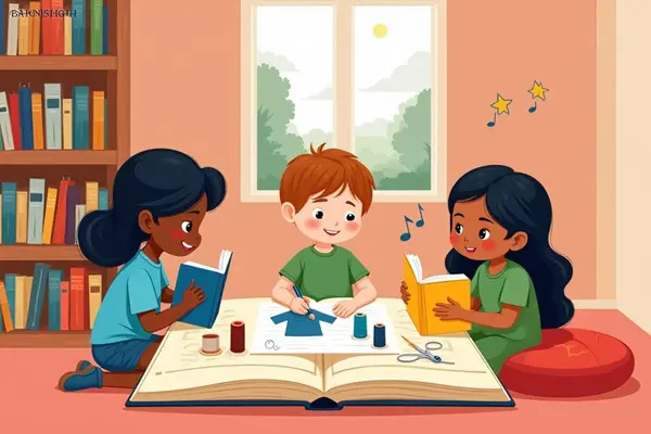 Illustrasjon av tre barn som leser, tegner og syr sammen i et bibliotek med DEICHMAN STOVNER og BARNAS LØRDAG skrevet med store bokstaver øverst i bildet