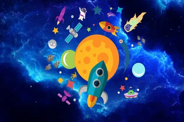 Illustrasjon med romskip, planeter, raketter mm ute i verdensrommet som illustrasjon for beskrivelsen av Teatergøy for barn på Det Vestnorske Teateret