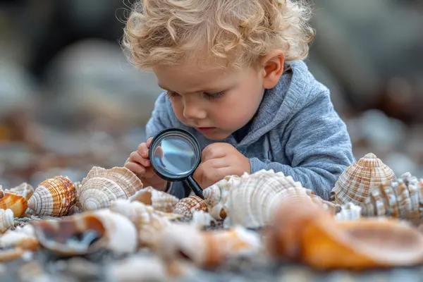 Baby med lyst krøllete hår og blå overdel med forstørrelsesglass som studerer sneglehus foran seg, som illustrasjonsbilde for beskrivelsen av babyomvisning i geologiske utstillinger på Naturhistorisk museum