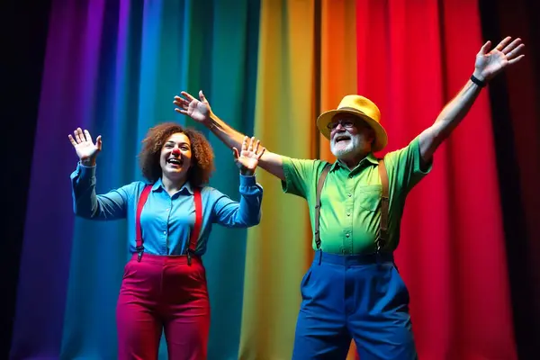 To skuespillere i fargerike klær står på scenen foran et regnbuefarget teppe med armene hevet i glede, som illustrasjonsbilde for beskrivelsen av familieforestillinger og teater for barn i Asker kulturhus