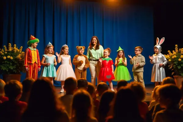 Barn i fargerike kostymer står på en scene sammen med en voksen og hilser til publikum under en teaterforestilling, som illustrasjonsbilde til beskrivelsen av familieforestillinger og teater for barn i Parken kulturhus i Ålesund