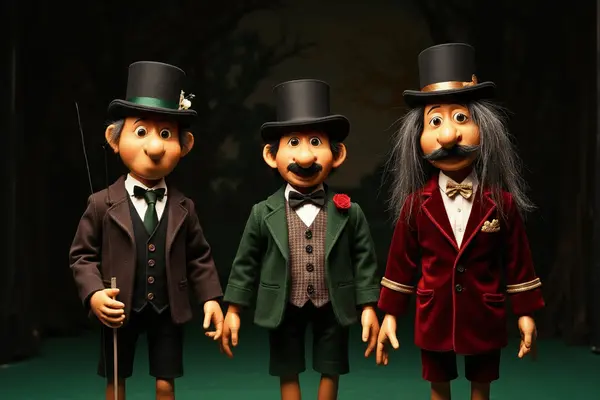 Tre dukkefigurer kledd i gammeldagse dresser og flosshatter står på en scene med mørk bakgrunn, som illustrasjon for beskrivelsen av Barnelørdag i bydelene i Åsane Kulturhus