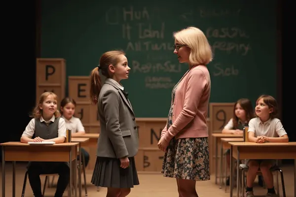 En jente står foran læreren sin i et klasserom mens andre barn følger med fra pultene sine