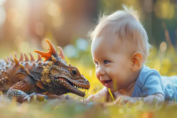 Baby i gresset som smiler og stirrer inn i et øglelignende fantasidyr, som illustrasjonsbilde for beskrivelsen av babyomvisning i zoologiske utstilllinger på Naturhistorisk museum