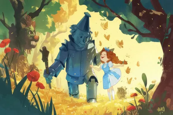 Dorothy og Blikkmannen i en solfylt skog i Trollmannen fra Oz, brukt som illustrasjonsbilde for LørdagsKilden i Kilden teater og konserthus i Kristiansand