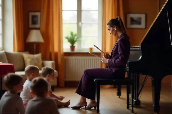 En kvinne sitter ved et piano og viser rytmepinner til en gruppe barn som følger nøye med, som illustrasjonsbilde for beskrivelsen av Eventyrstund på Siljustøl