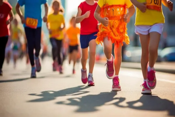 Barn som løper på asfalt med klær i forskjellige farger, som illustrasjonsbilde for beskrivelsen av Larviksløpet for rekrutt og mini-rekrutt