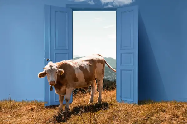 Barn står på en eng og ser på en ku som nettopp er sluppet ut på beite om våren, som illustrasjonsbilde for beskrivelsen av kuslipp på Nordre Lindeberg gård