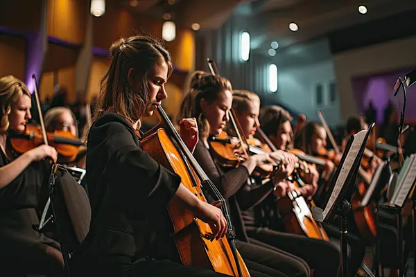 Musikere spiller strykeinstrumenter under en orkesterkonsert i en konsertsal.