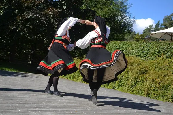 To jenter i Setesdalsbunad som danser på asfalt langes en grønn hekk på en sommerdag, som illustrasjonsbilde for beskrivelsen av folkedanseforestilling med Norsk Folkemuseums dansegruppe