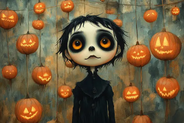Illustrasjon av et barn med store øyne i svart kostyme omgitt av glødende gresskarlykter, som illustrasjonsbilde for beskrivelsen av Halloween på TusenFryd