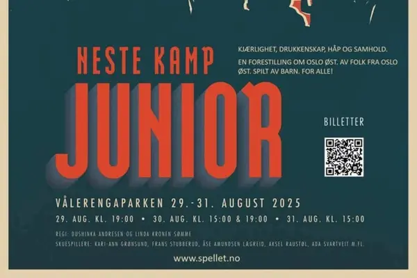 Plakat for Østkantspellet 2026 «Neste Kamp – Junior» med spilledatoer 28.–30. august utenfor Vålerenga kirke