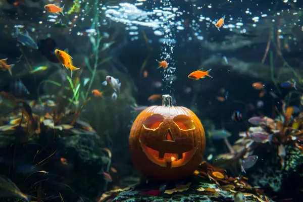 Uthult gresskar med lys står på bunnen av et akvarium omgitt av fisk, som illustrasjonsbilde for beskrivelsen av Halloween på Akvariet
