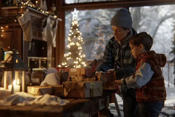 Voksen og barn i en julepyntet bod, som illustrasjonsbilde for beskrivelsen av Jul på Sverresborg