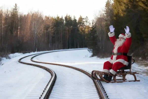 En julenisse sitter på en slede midt på snødekte jernbanespor og hilser med hendene i været som illustrasjonsbilde til beskrivelsen av juletog med Lommedalsbanen
