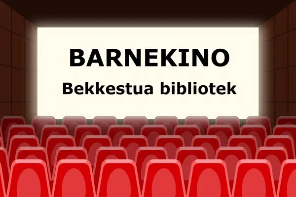 Illustrasjon med kinosal med røde stoler og et lerret som det står Ferieaktiviteter Bekkestua bibliotek på