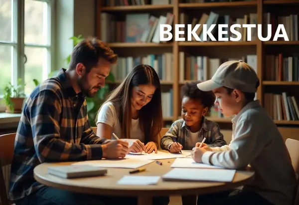 En familie sitter sammen ved et rundt bord og skriver i kladdebøker i et bibliotek med bokhyller i bakgrunnen. På bildet er det skrevet BEKKESTUA med hvite bokstaver