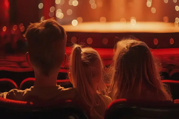 Tre barn sitter i en teatersal og ser mot en opplyst scene med varm belysning i bakgrunnen