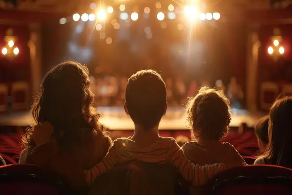 Familie som sitter tett sammen i et teater og ser på en forestilling med opplyst scene i bakgrunnen, som illustrasjonsbilde for familieforestillinger og teater for barn i Askim Kulturhus