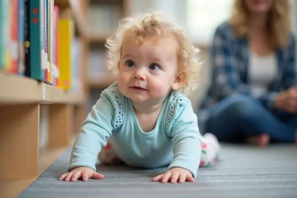 Et lite barn med krøllete hår krabber på gulvet i et bibliotek som illustrasjonsbilde for beskrivelsen av baby på bib på Deichman Majorstuen