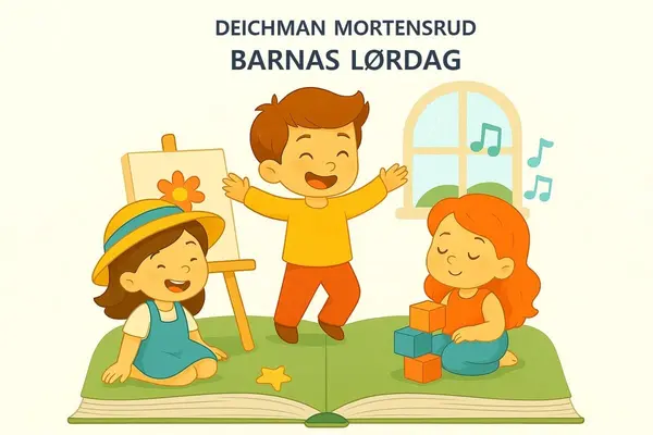 Tre barn leker, maler og bygger med klosser på en åpen bok under teksten "Deichman Mortensrud Barnas lørdag" i en fargerik og vennlig illustrasjon