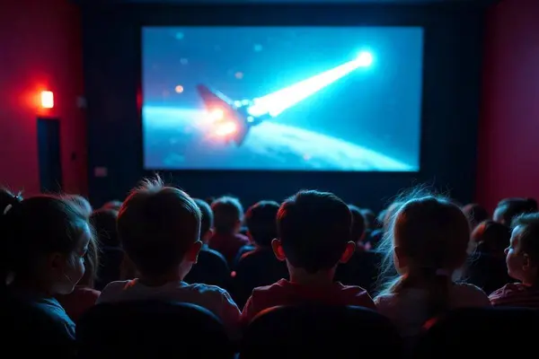 Barn ser på en animert romfartsfilm i en kinosal, som illustrasjonsbilde for beskrivelsen av feriekino for barn på Deichman Bjørvika