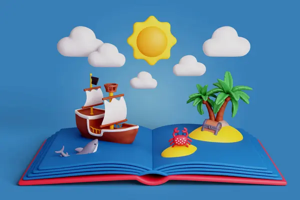 Illustrasjon med en åpen bok som viser en fantasiverden med sjørøverskip, øy med palmer, krabbe, sol og skyer, som illustrasjonsbilde for beskrivelsen av Barnas lørdag på Deichman Grünerløkka
