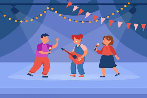 Tre personer i røde gensere spiller sammen på gitar, ukulele og tamburin foran en rosa bakgrunn, som illustrasjonsbilde for beskrivelsen av familieforestillinger og teater for barn på Sarpsborg scene