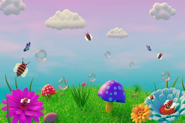 Fargerik illustrasjon av blomstereng med bier, sopper, sommerfugler og såpebobler under en rosa-blå himmel med teksten DEICHMAN TØYEN og BARNAS LØRDAG i store hvite bokstaver