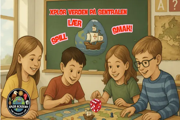 Illustrasjon med to gutter og to jenter som spiller brettspill, som illustrasjonsbilde for Xplor Verden på Sentralen 