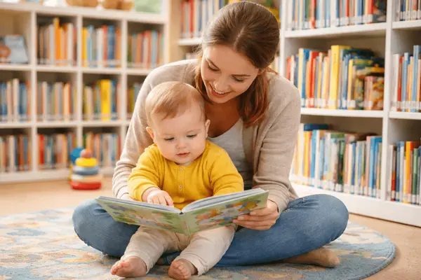 Mor som sitter med babyen på gulvet foran seg og holder en bok mens barnet peker, som illustrasjonsbilde for beskrivelsen av baby på bib på Deichman Bjerke