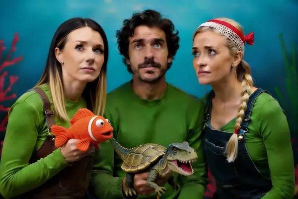 Illustrasjonsbilde av tre voksne skuespillere i grønne klær som holder en fiskebamse og et dyreleketøy, som illustrasjonsbilde for beskrivelsen av familiearrangementer og teater for barn i Ibsenhuset i Skien