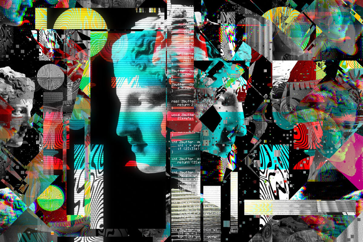 Illustrasjon av abstrakt digital kunst med menneskeprofiler, geometriske former og fargerike glitch-effekter, brukt som illustrasjonsbilde for beskrivelsen av Barnas Kunstfest Munch Myldrer på MUNCH