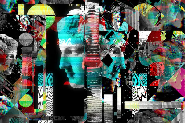 Illustrasjon av abstrakt digital kunst med menneskeprofiler, geometriske former og fargerike glitch-effekter, brukt som illustrasjonsbilde for beskrivelsen av Barnas Kunstfest Munch Myldrer på MUNCH