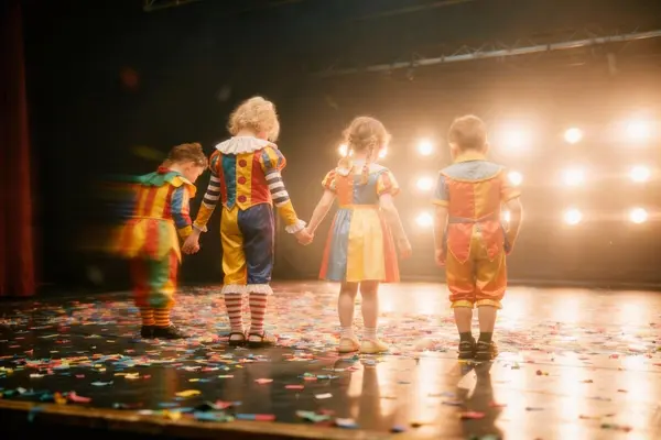 Fire barn i fargerike kostymer står på en scene med konfetti på gulvet, mens sterke scenelys lyser i bakgrunnen, som illustrasjonsbilde for forestilling med Strømmen barne- og ungdomsteater på Folkets Hus Strømmen