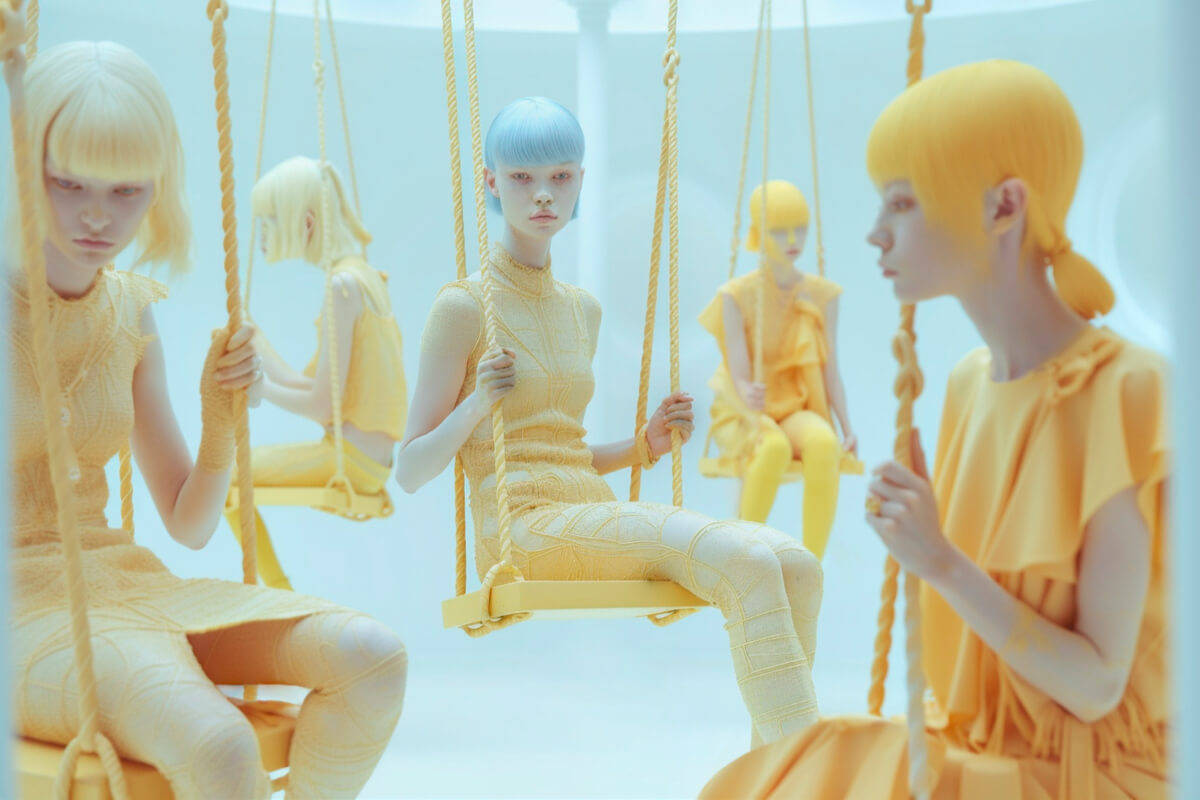 Installasjonskunst med menneskelignende figurer i gule og beige toner som sitter på husker i et lyst, stilisert rom, som illustrasjonsbilde for beskrivelsen av Barnekunstklubben Rasmus på Astrup Fearnley Museet