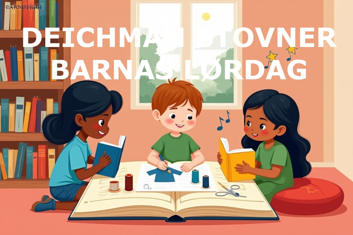 Illustrasjon av tre barn som leser, tegner og syr sammen i et bibliotek med DEICHMAN STOVNER og BARNAS LØRDAG skrevet med store bokstaver øverst i bildet