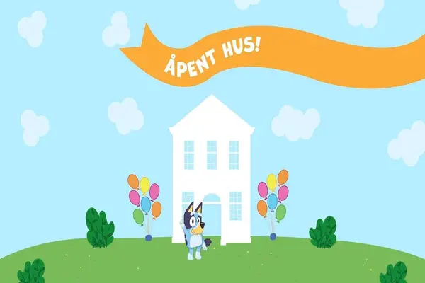 Tegning med hunden Bluey stående foran et høyt hus med banner med teksten Åpent hus over som plakat for arrangement på Gyldendalhuset