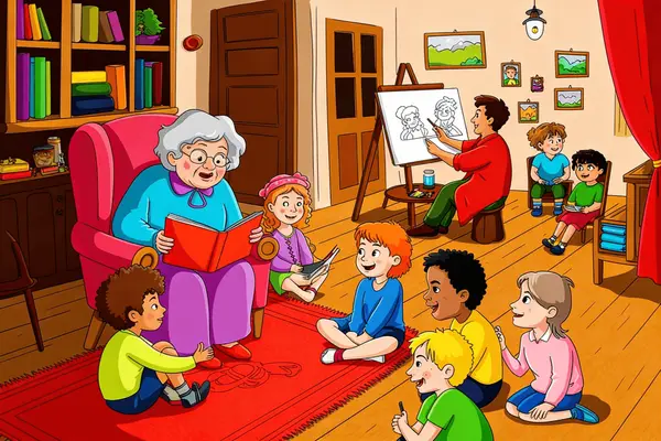 llustrasjon av en fortellerstund der en eldre dame leser høyt for barn som sitter samlet rundt henne, mens en mann tegner ved et staffeli i bakgrunnen. som illustrasjonsbilde for beskrivelsen av eventyrstund og tegnekurs på Nordtvet gård