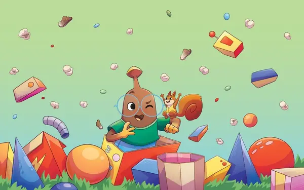 llustrasjon av den tegneserieaktige figuren Kokosbananas som hopper ut av en fantasifull maskin mens en ekornvenn jubler og fargerike former flyr rundt.