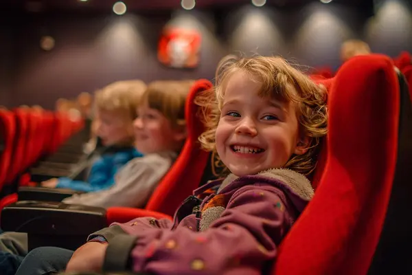 Smilende barn sitter i røde kinoseter og ser film under en barnevennlig kinoopplevelse, som illustrasjonsbilde for beskrivelsen av Mini-HUMAN familiedag på Cinemateket i Oslo