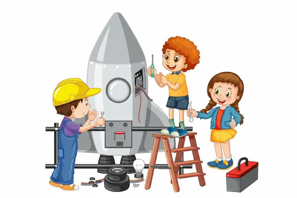 Illustrasjon av tre barn som bygger og reparerer en rakett med verktøy, som illustrasjonsbilde for beskrivelsen av Barnas ingeniørdag på Vitenfabrikken - Jærmuseet i Sandnes