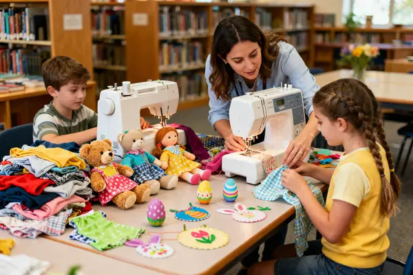 Barn deltar på kreativt syverksted med symaskiner og lager påskepynt av tekstiler i et bibliotek, som illustrasjonsbilde for beskrivelsen av syverksted i påsken på Deichman Holmlia