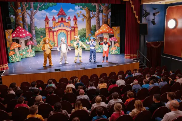 Barn sitter i en teatersal og ser på en fargerik familieforestilling med kostymekledde skuespillere på scenen, som illustrasjonsbilde for beskrivelsen av familieforestilling på Lillestrøm Kultursenter