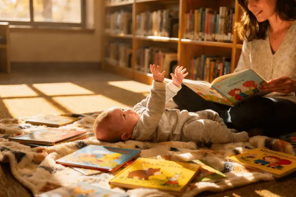 En baby ligger på ryggen på et teppe i et bibliotek og ser på en som leser, som illustrasjonsbilde for beskrivelsen av Baby på bib på Deichman Røa.