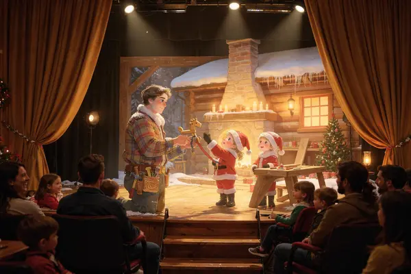 En håndverker med en trehest i hånden sammen med to nissebarn på en teaterscene foran en snøkledd hytte, som illustrasjonsbilde for beskrivelsen av Snekker Andersen og Julenissen på Oslo Nye Centralteatret 